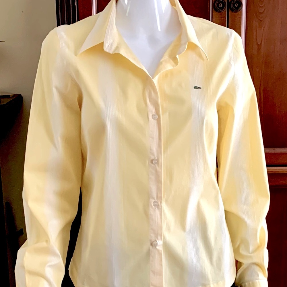 Lacoste yellow cotton woman dress shirt thin white stripes crocodile logo US 10